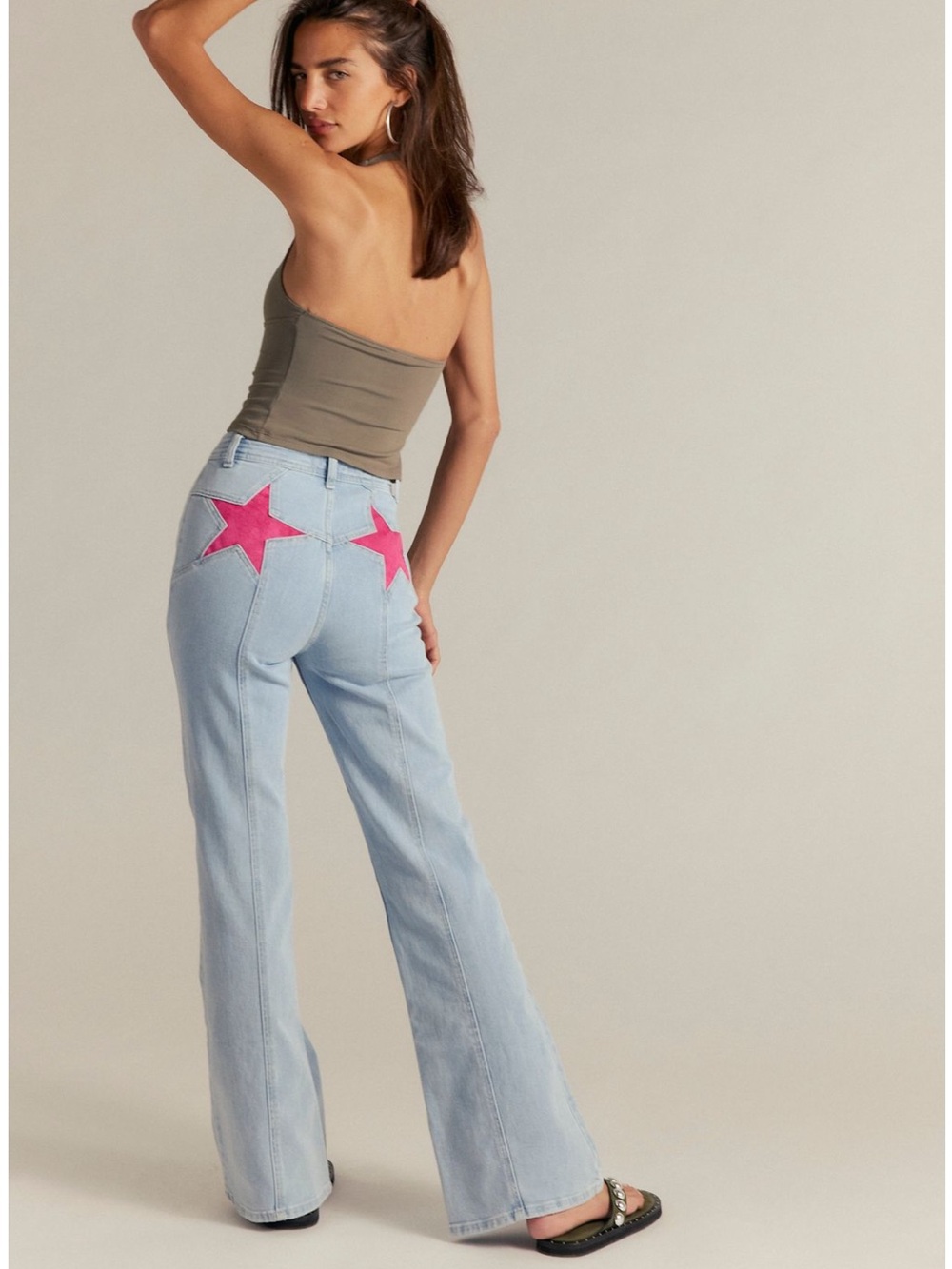 Light Wash Star Patch Jeans - Pink Stars